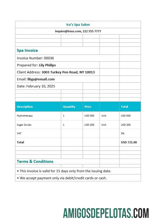 para download Modelo editável de fatura de spa